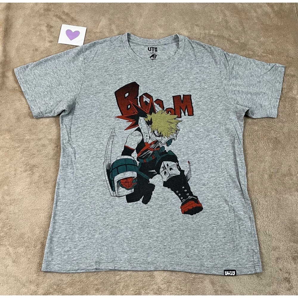 Uniqlo UT Academia Bakugo My Hero T-Shirt Men's Medium Gray Crew-neck S/S GOOD